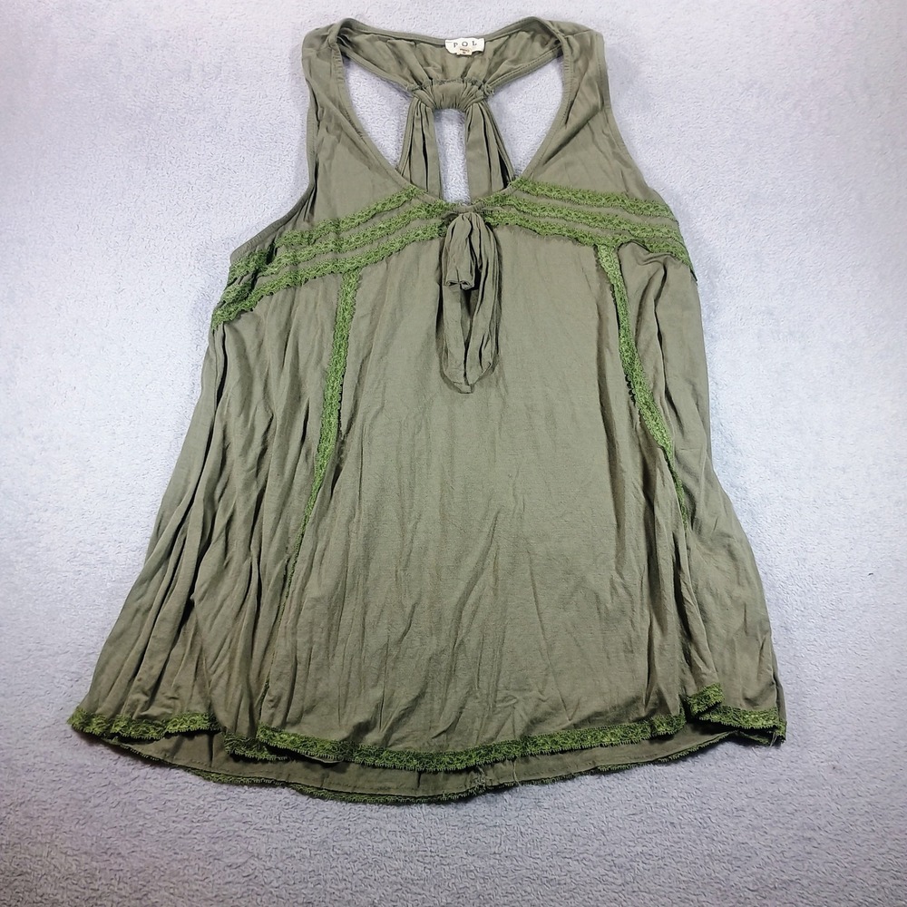 POL Women Tank Top Olive Green Large Lace Trim Knot Back Boho